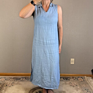 Herman Geist Vintage Icy Baby Blue Linen Maxi Dress Size 6 Sleeveless Collar